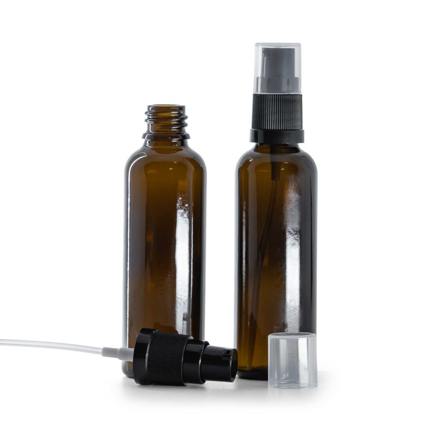 Hnědá skleněná lahvička, štíhlá, dávkovač krému, 50 ml