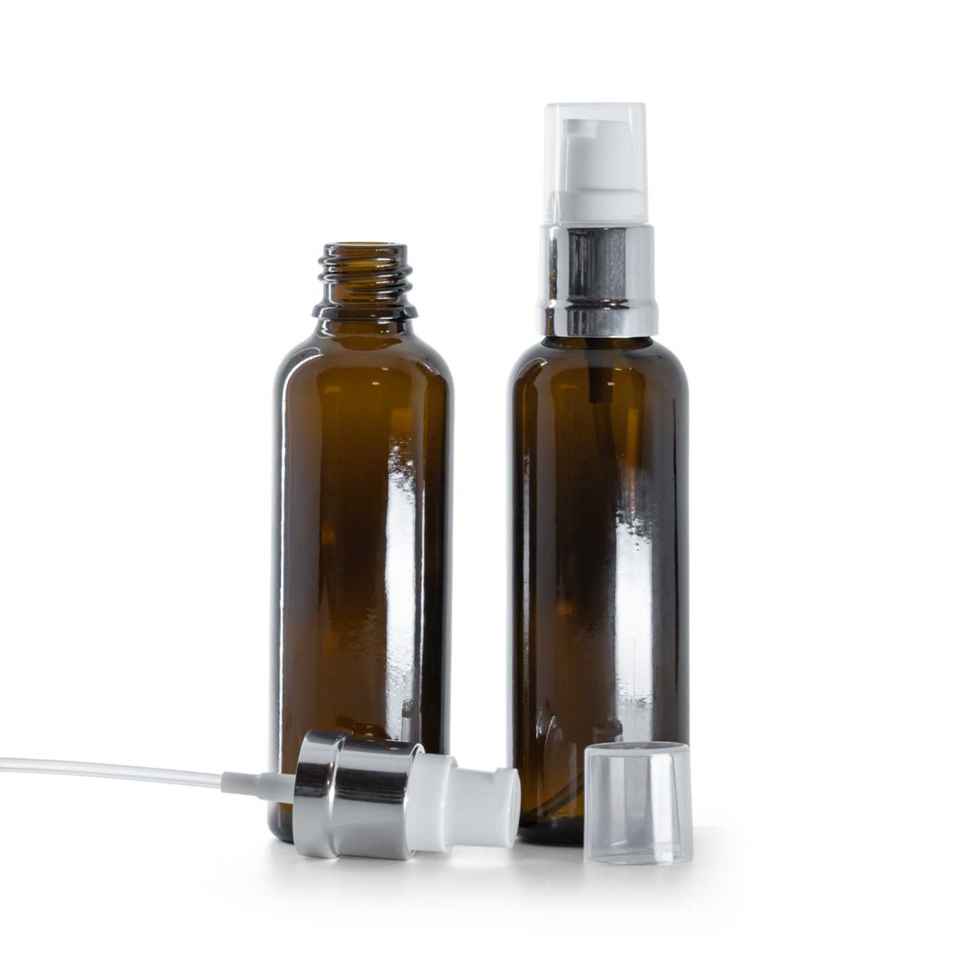 Sklenená liekovka vysoká, hnedá, bielo-strieborný lesklý dávkovač, 50 ml