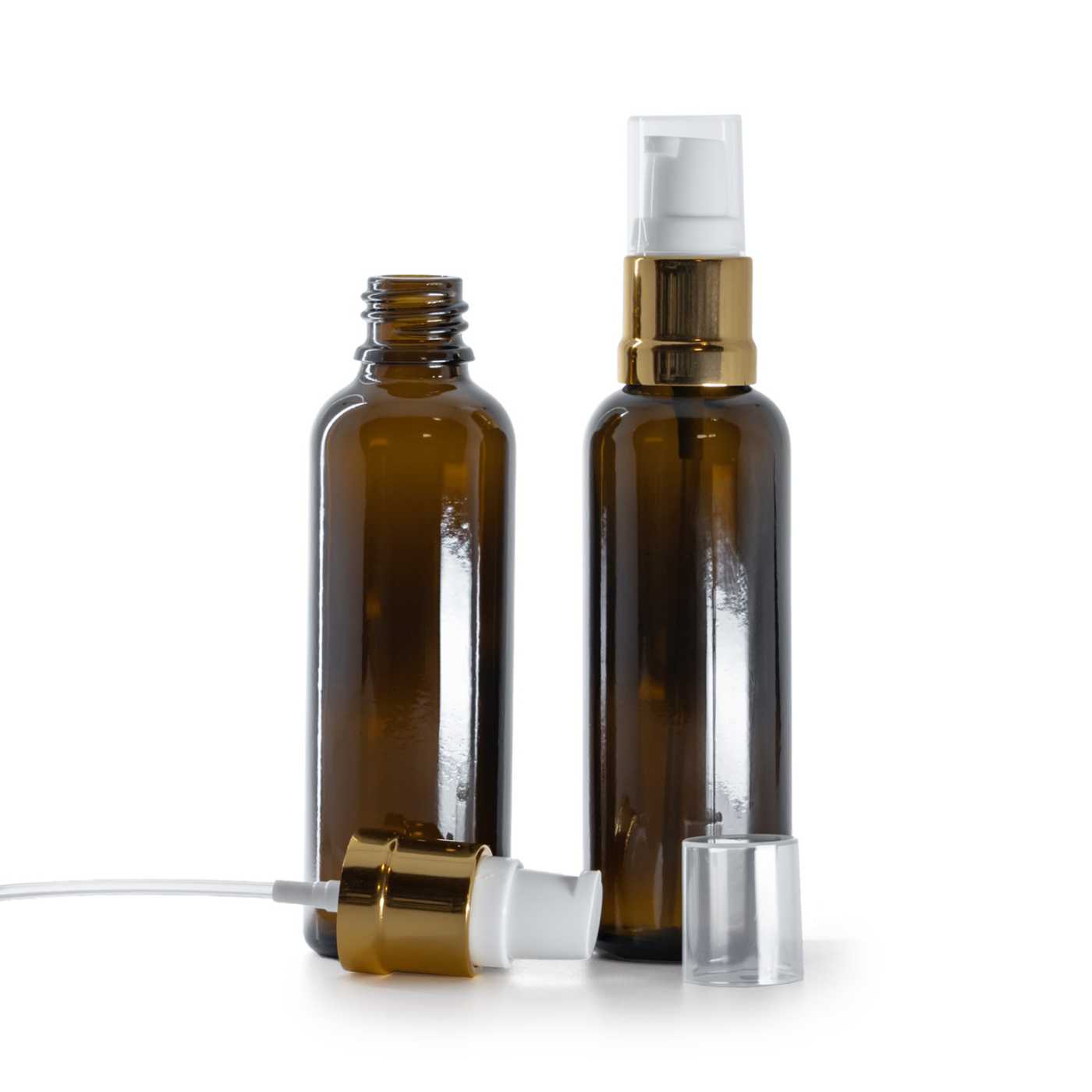 Sklenená liekovka vysoká, hnedá, bielo-zlatý lesklý dávkovač, 50 ml