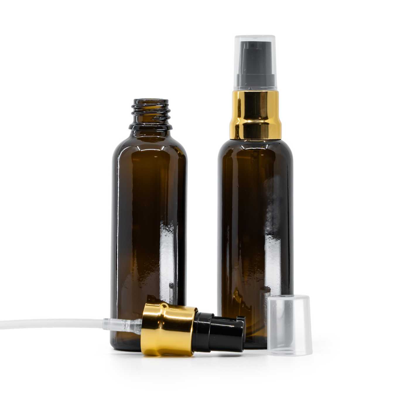 Sklenená liekovka vysoká, hnedá, čierno-zlatý lesklý dákovač, priehľadný vrch, 50 ml