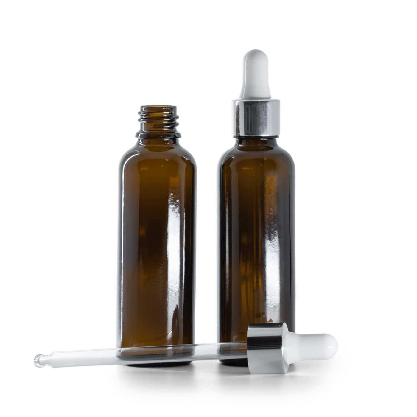 Sklenená liekovka, vysoká, strieborné lesklé kvapátko, 50 ml