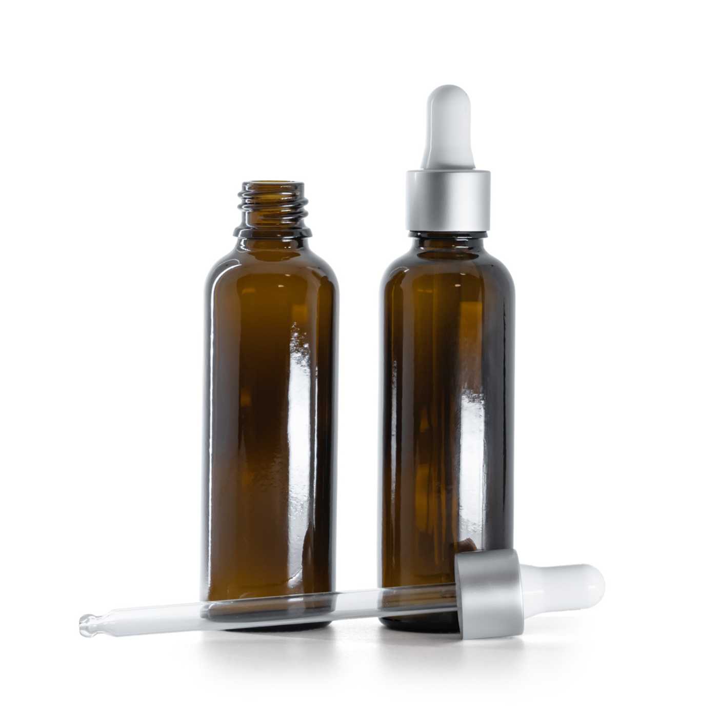 Sklenená liekovka, vysoká, strieborné matné kvapátko, 50 ml