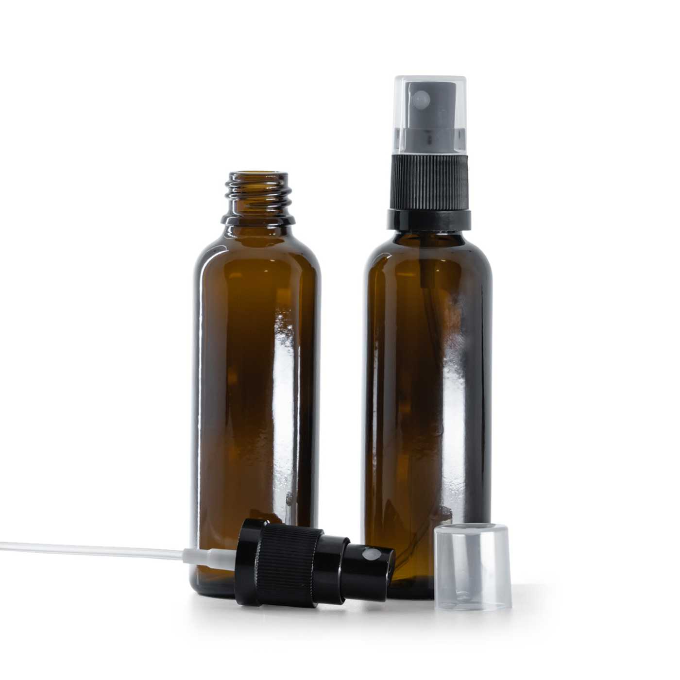Sklenená liekovka, vysoká, čierny rozprašovač, 50 ml