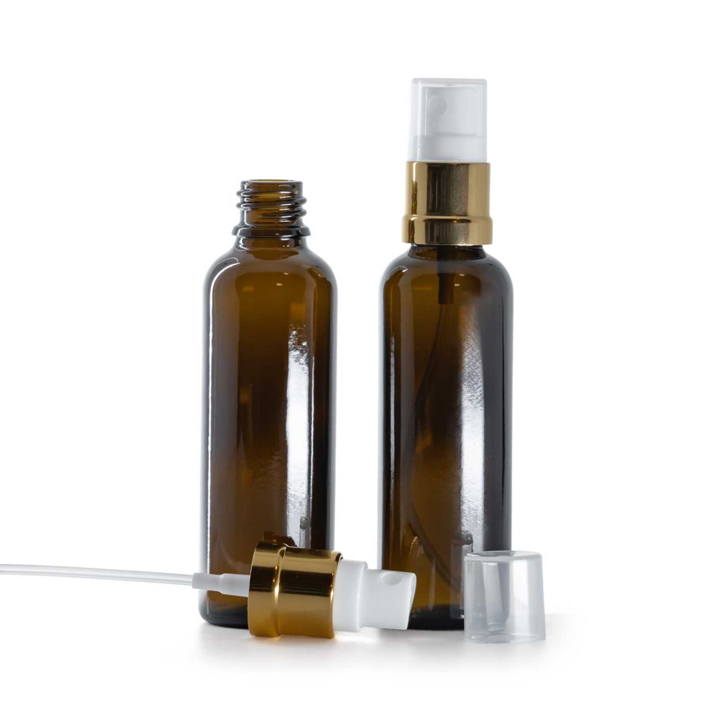 Sklenená liekovka, vysoká, bielo-zlatý rozprašovač, 50 ml