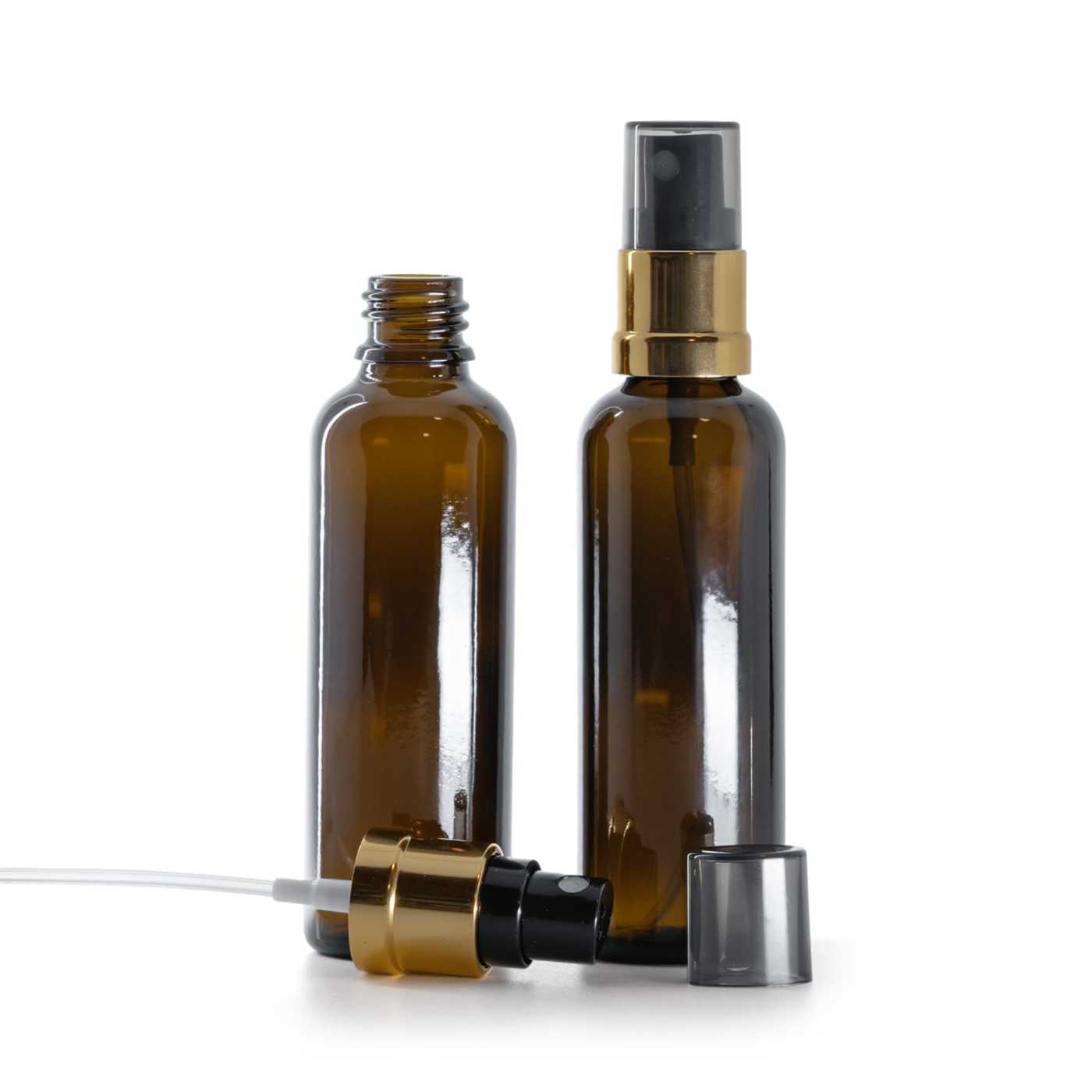 Sklenená liekovka, vysoká, čierno-zlatý rozprašovač, dymový kryt, 50 ml