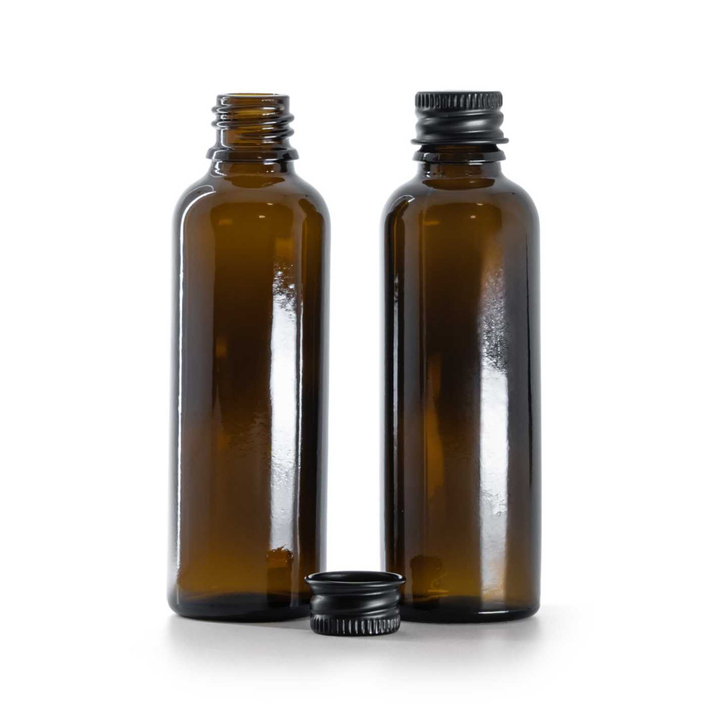 Sklenená liekovka, vysoká, čierny hliníkový vrchnák, 50 ml