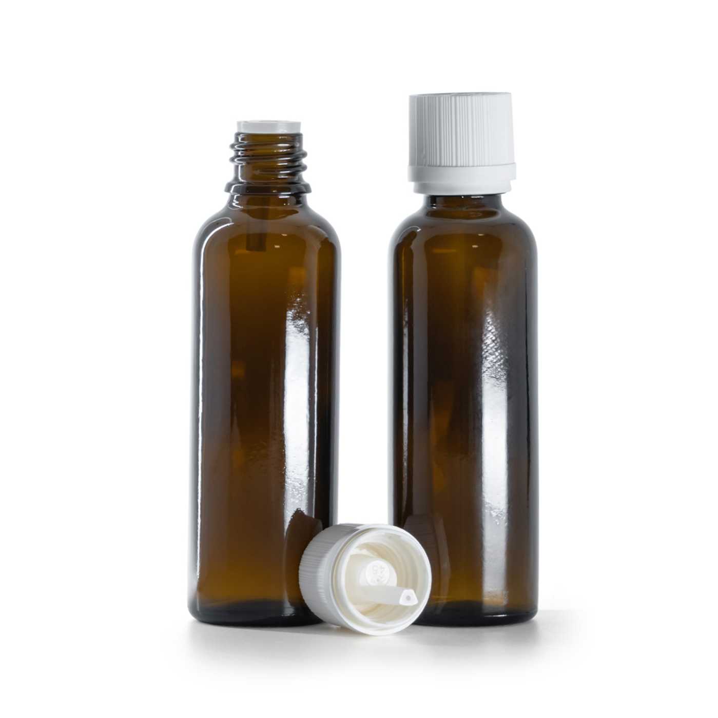 Frasco de vidrio ámbar, alto, tapón de seguridad blanco inviolable con cuentagotas, 50 ml