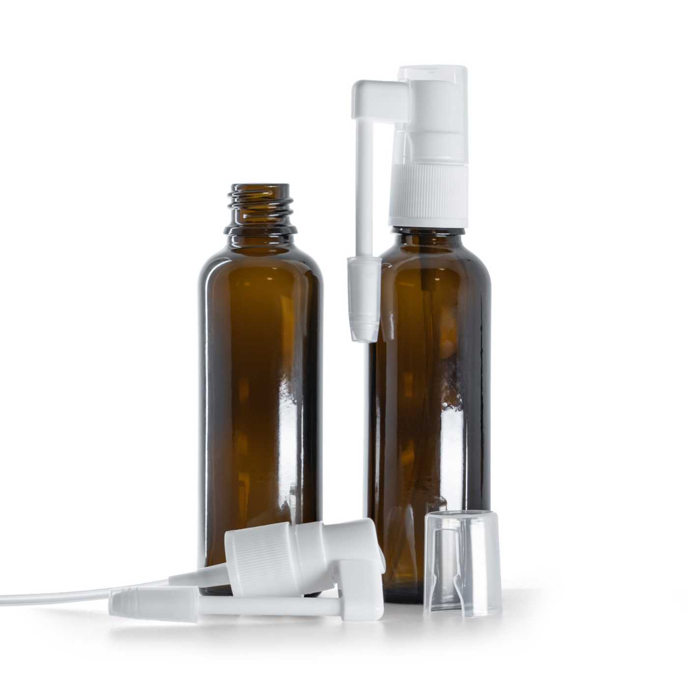 Sklenená liekovka, vysoká, sprej do hrdla, 50 ml