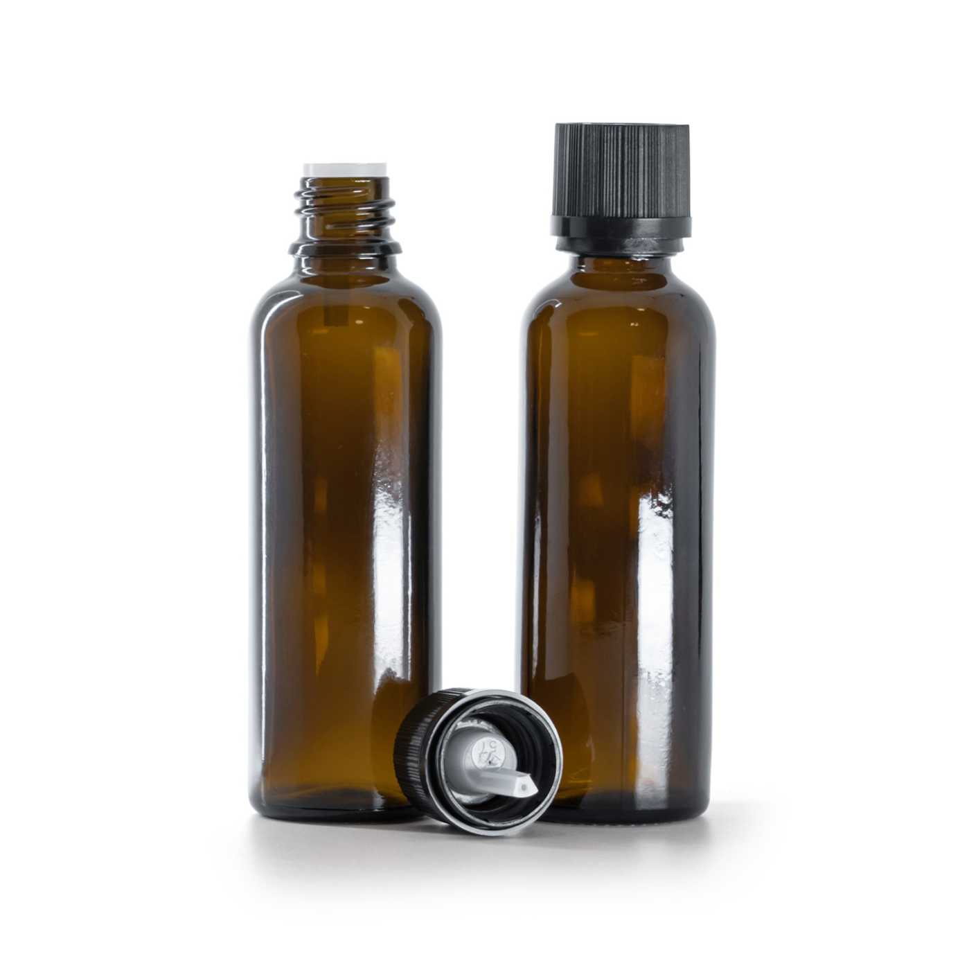 Sklenená liekovka, vysoká, čierny vrúbkovaný vrchnák s poistkou, 50 ml