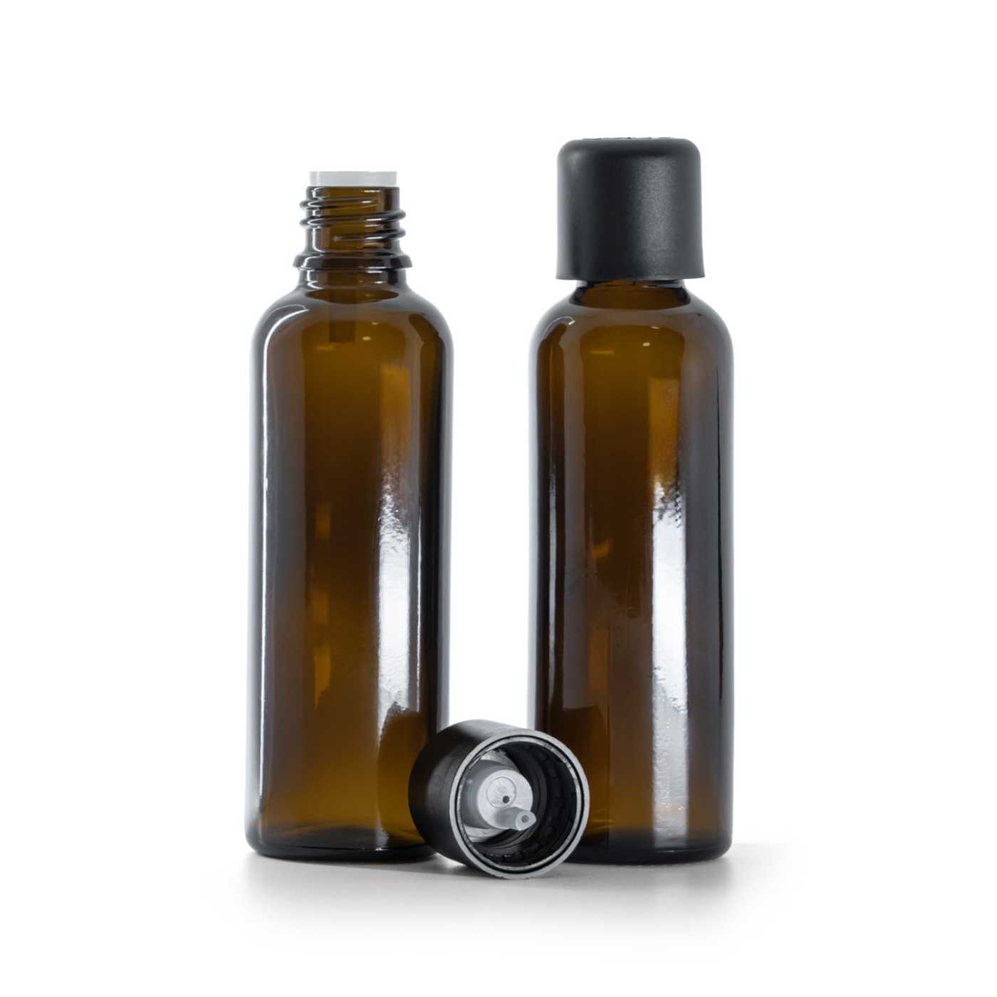 Sklenená liekovka, vysoká, čierny vrchnák s poistkou, 50 ml