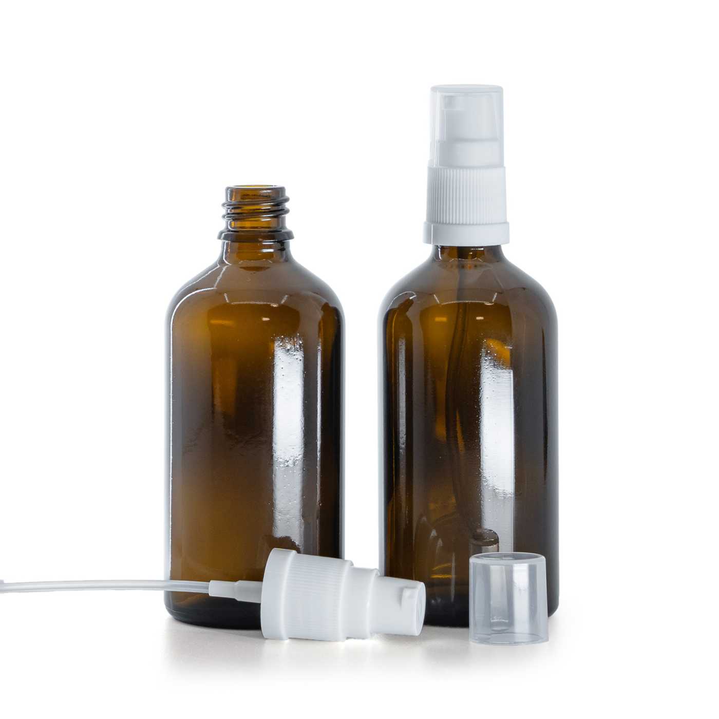 Flacon en verre ambré avec pompe blanche, 100 ml
