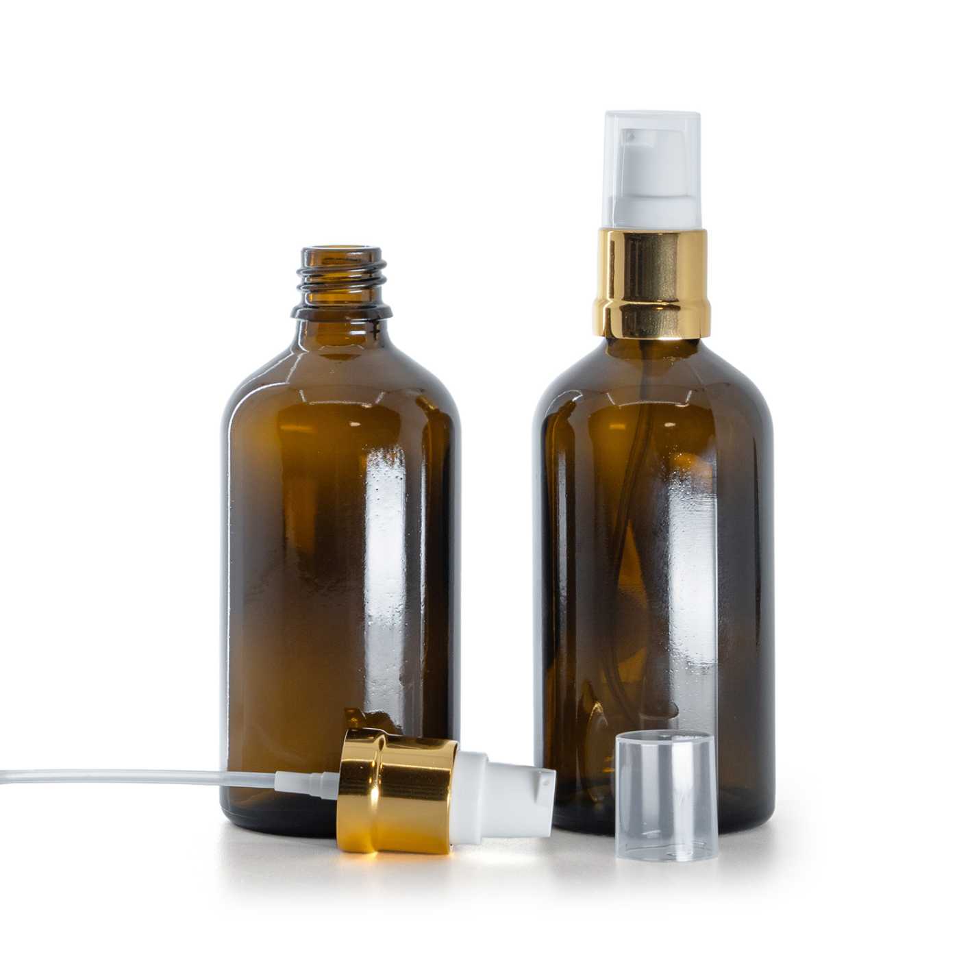 Butelka szklana apteczna, brązowa, biało-złoty błyszczący dozownik, 100 ml