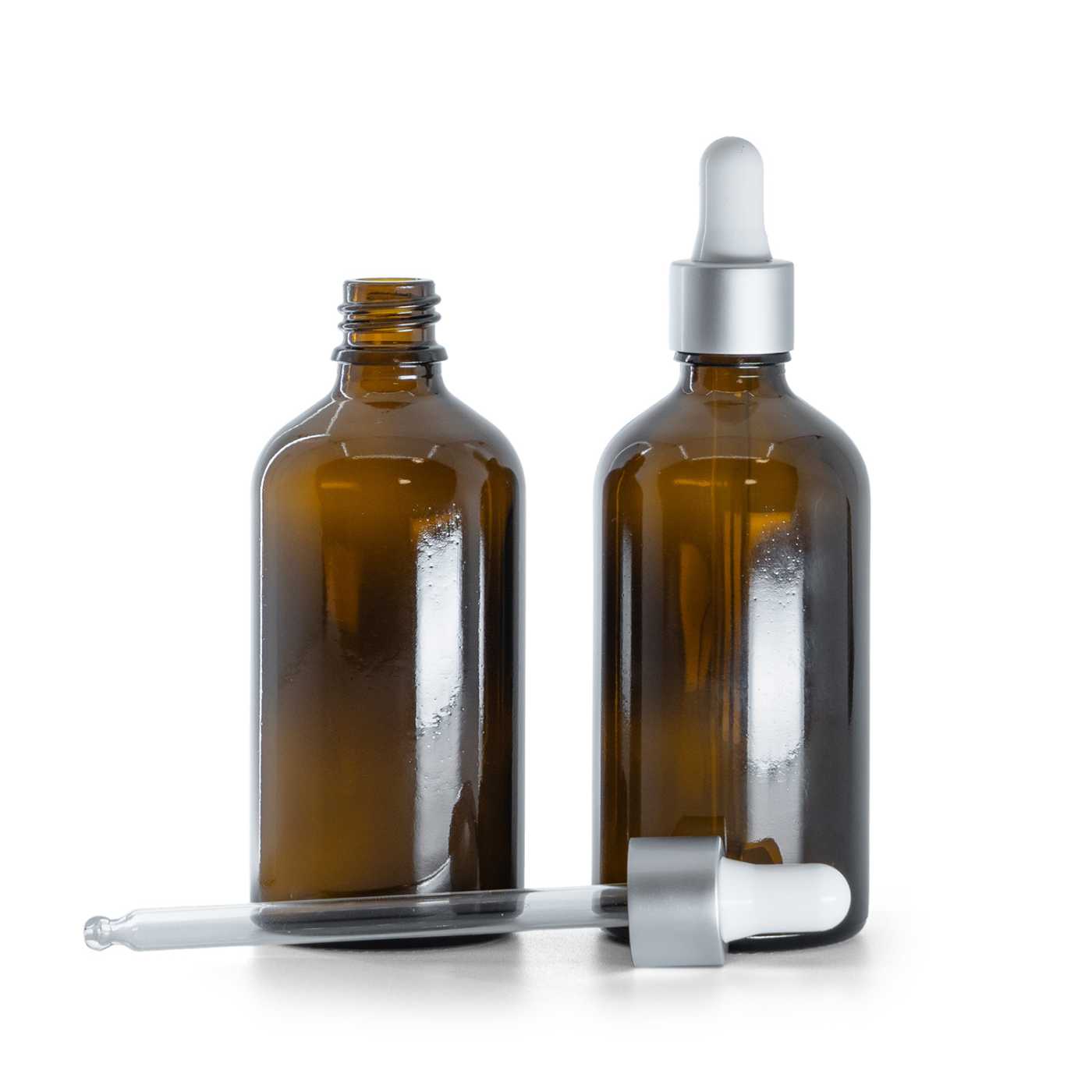 Butelka szklana apteczna, srebrny matowy kroplomierz, 100 ml