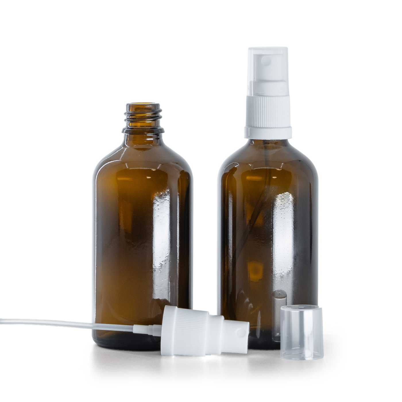 Sklenená fľaška, liekovka, biely rozprašovač, 100 ml