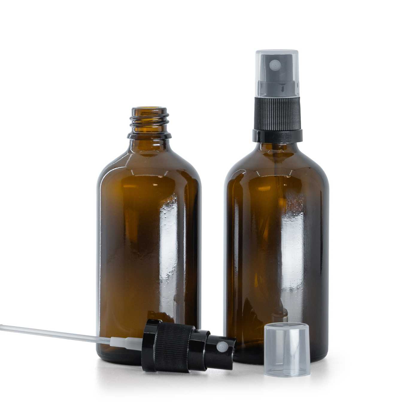 Sklenená fľaška, liekovka, čierny rozprašovač, 100 ml
