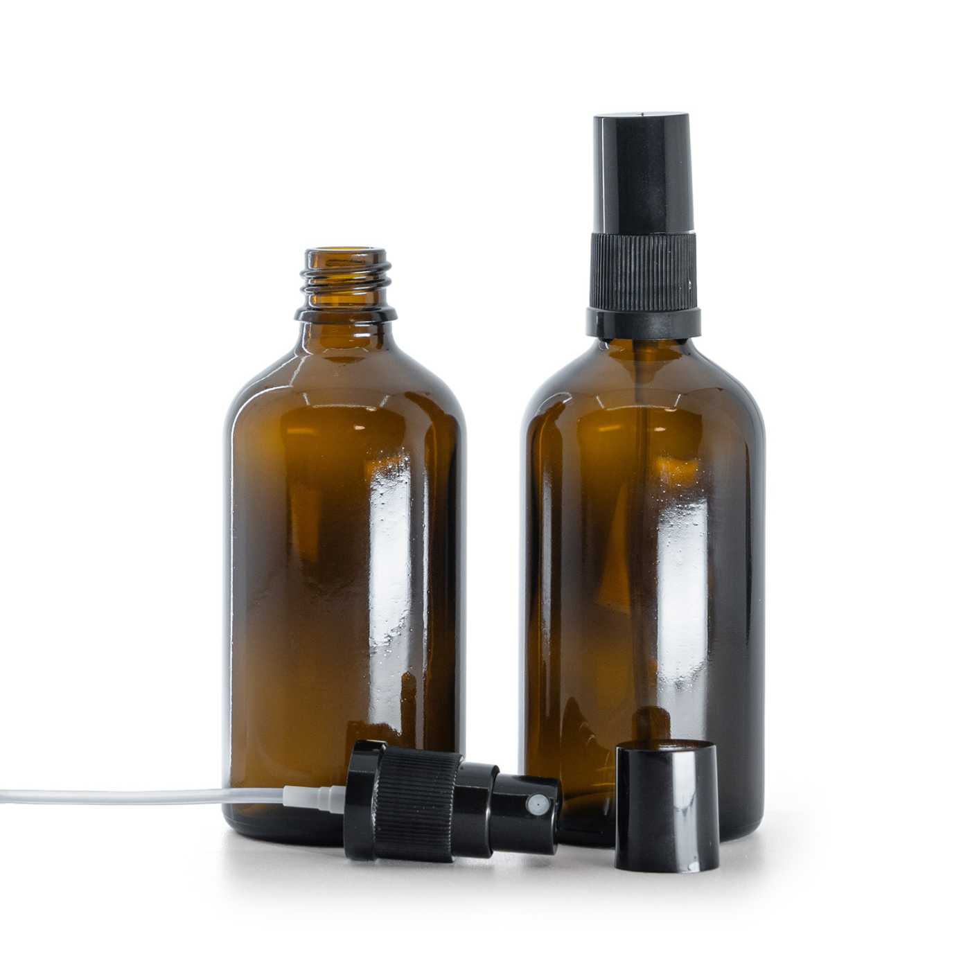 Sklenená fľaška, liekovka, čierny rozprašovač, čierny vrch, 100 ml
