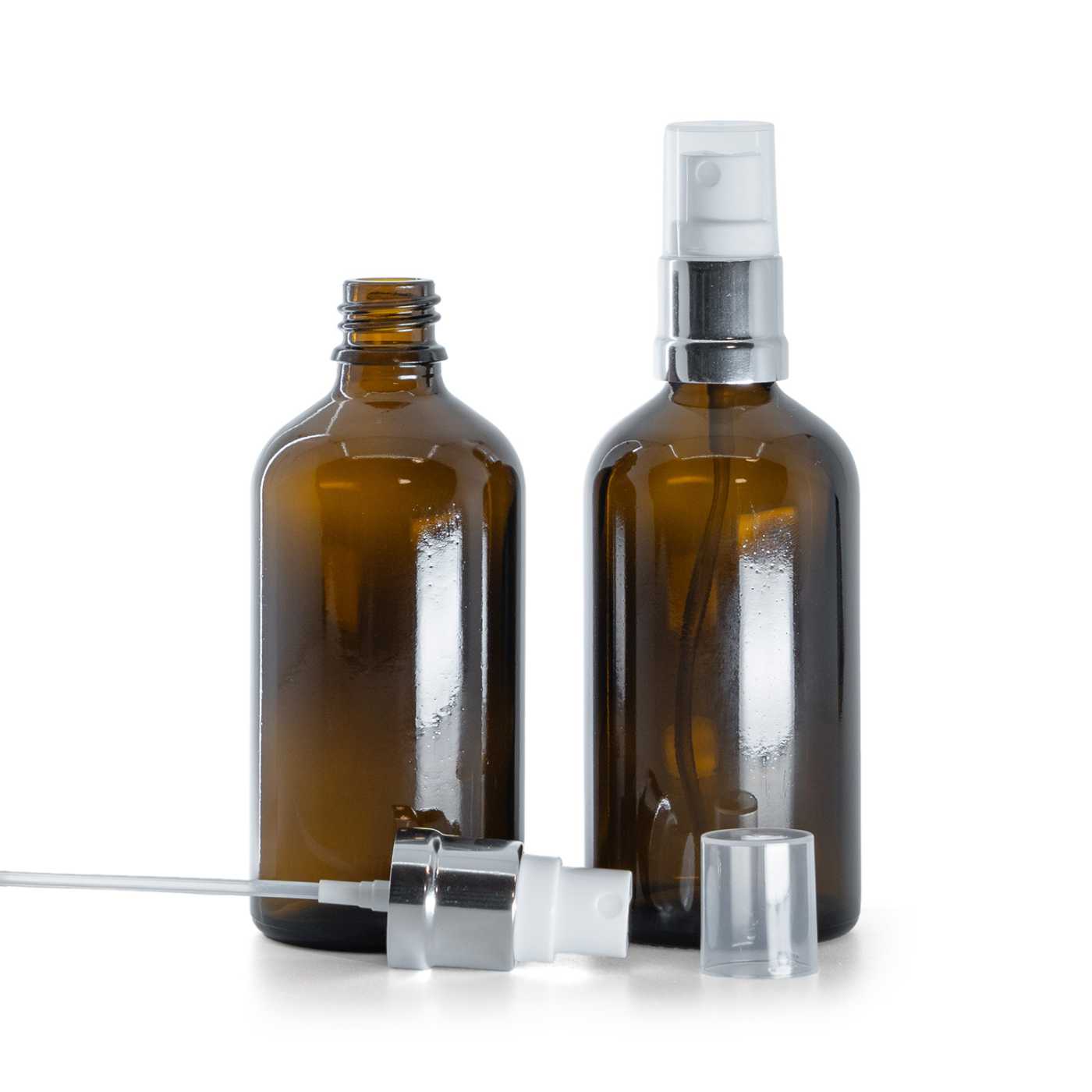 Sklenená fľaška, liekovka, bielo-strieborný rozprašovač, 100 ml