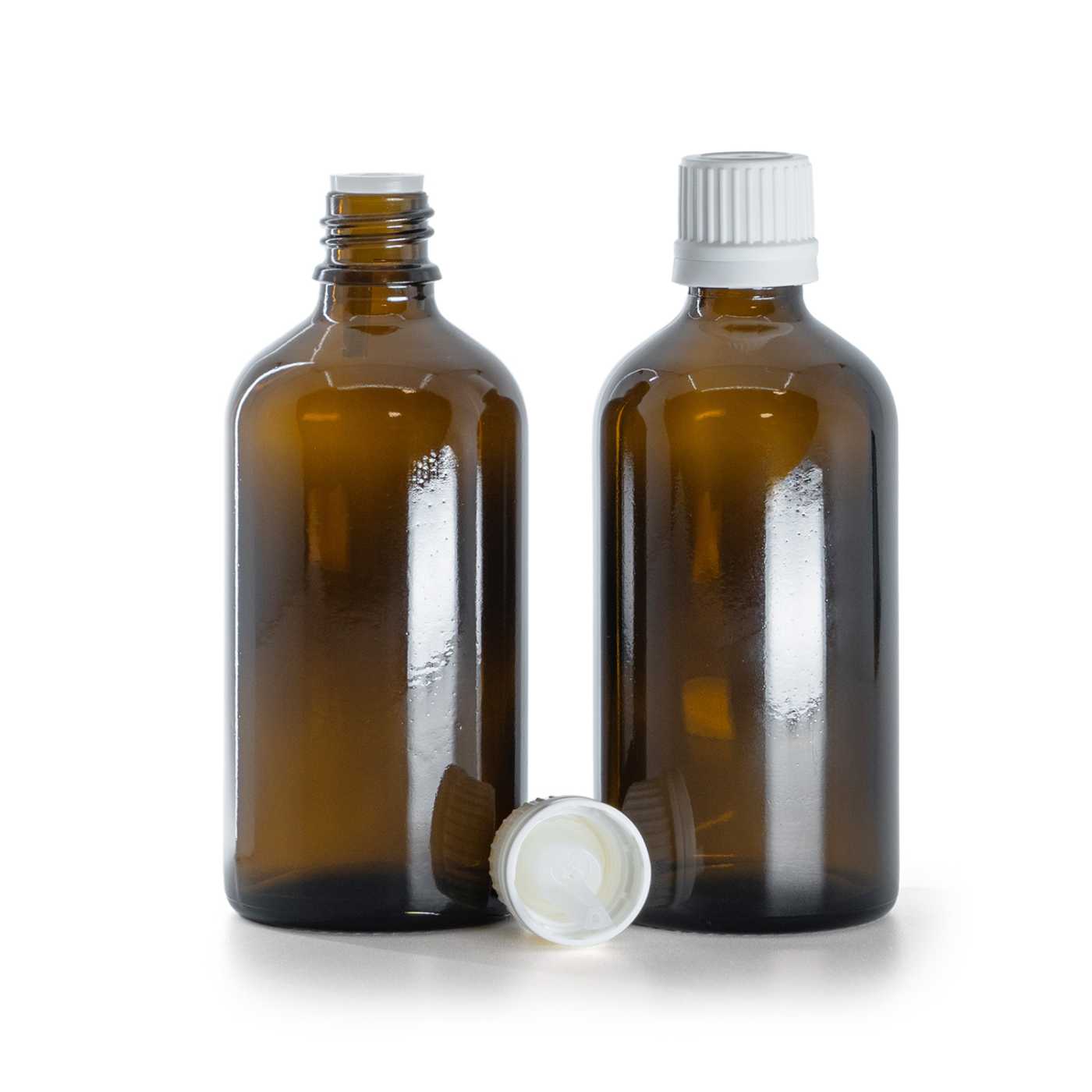 Sklenená fľaška, liekovka, biely vrchnák s kvapátkom, 100 ml