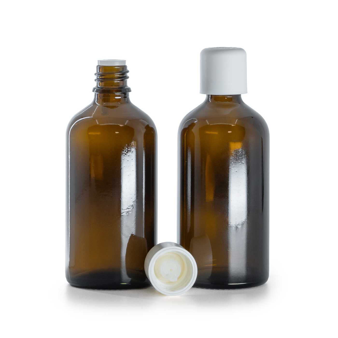 Sklenená fľaška, liekovka, biely vrchnák s poistkou, 100 ml