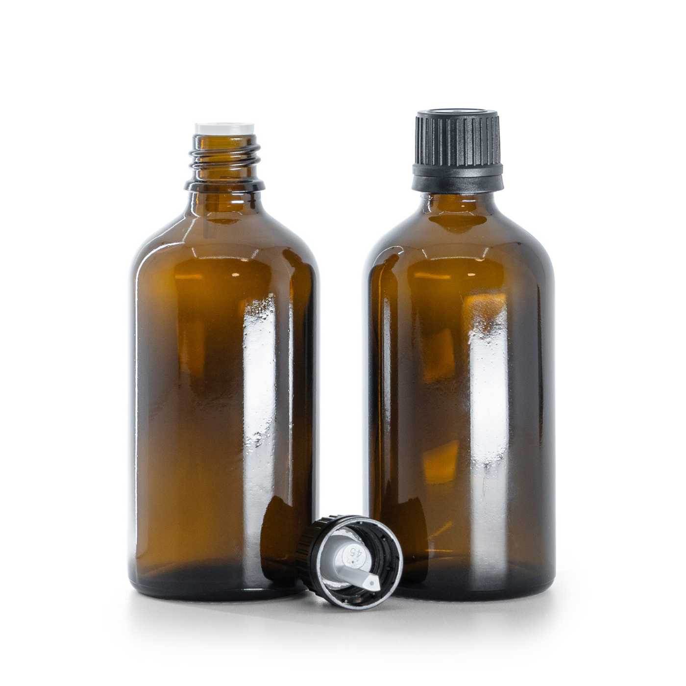 Sklenená fľaška, liekovka, čierny vrchnák s kvapátkom, 100 ml