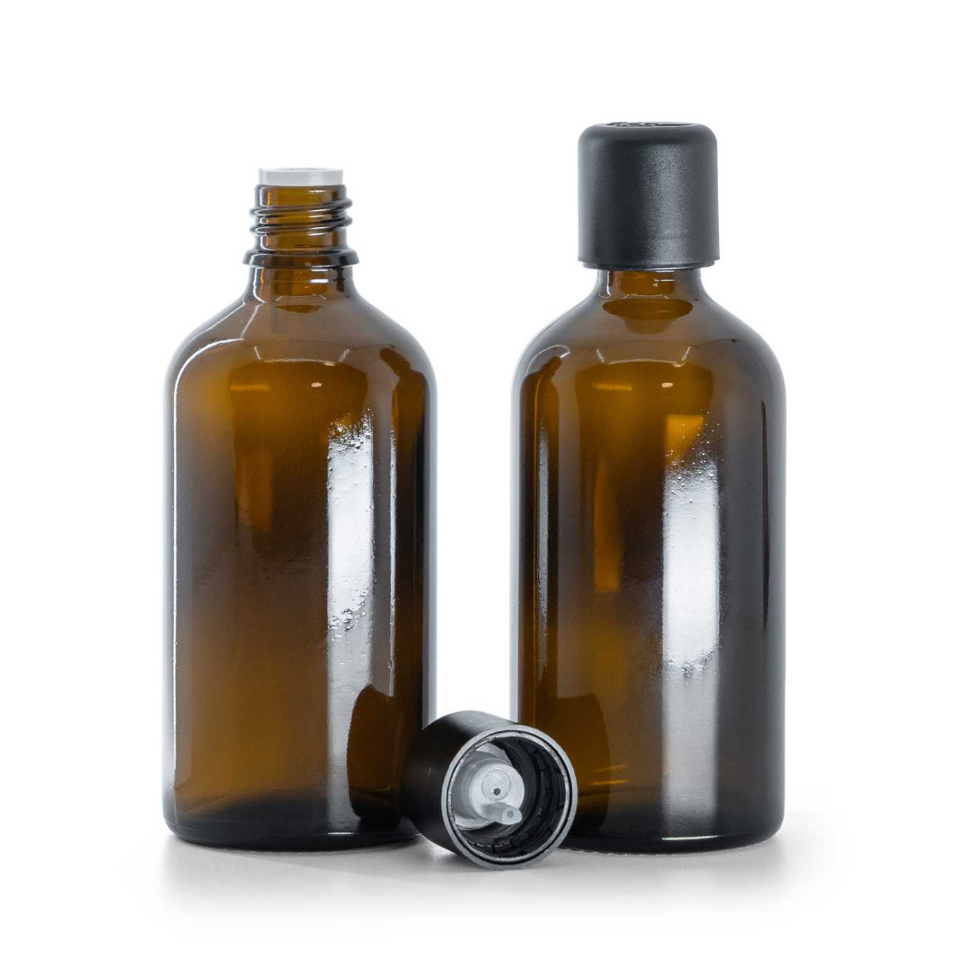Sklenená fľaška, liekovka, čierny vrchnák s poistkou, 100 ml