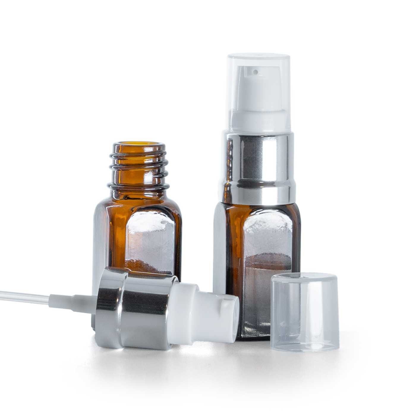 Sklenená liekovka, hranatá rovná, bielo-strieborný lesklý dávkovač, 10 ml