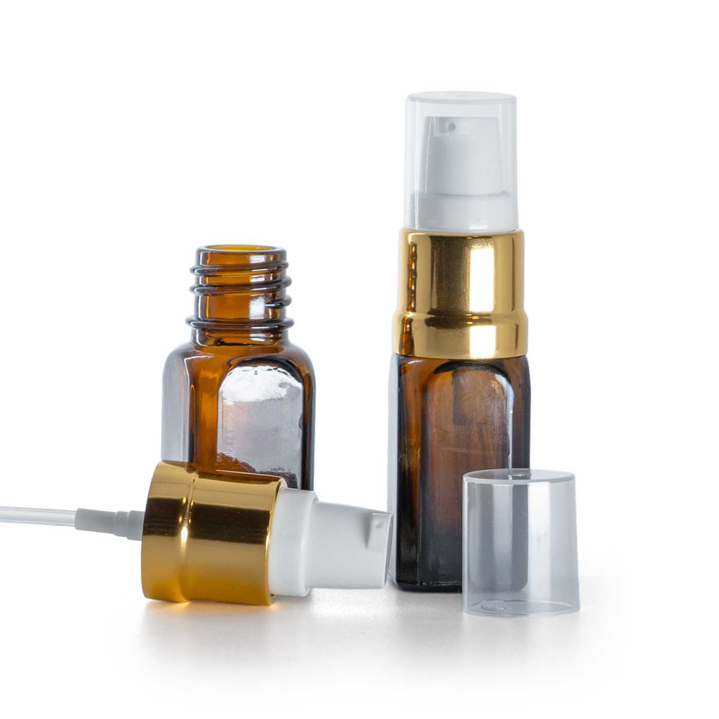 Sklenená liekovka, hranatá rovná, bielo-zlatý lesklý dávkovač, 10 ml