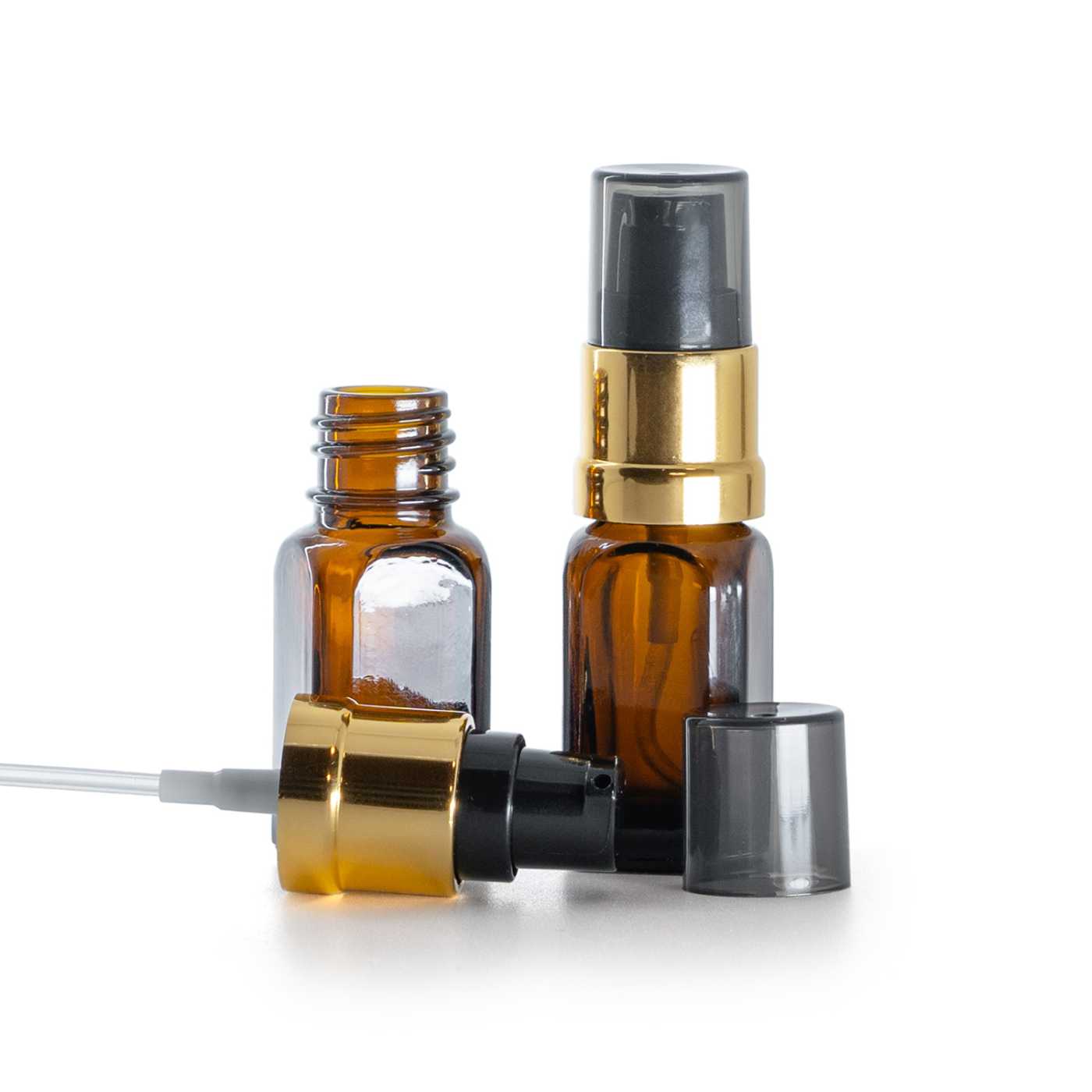 Sklenená liekovka, hranatá rovná, čierno-zlatý lesklý dávkovač s dymovým krytom, 10 ml