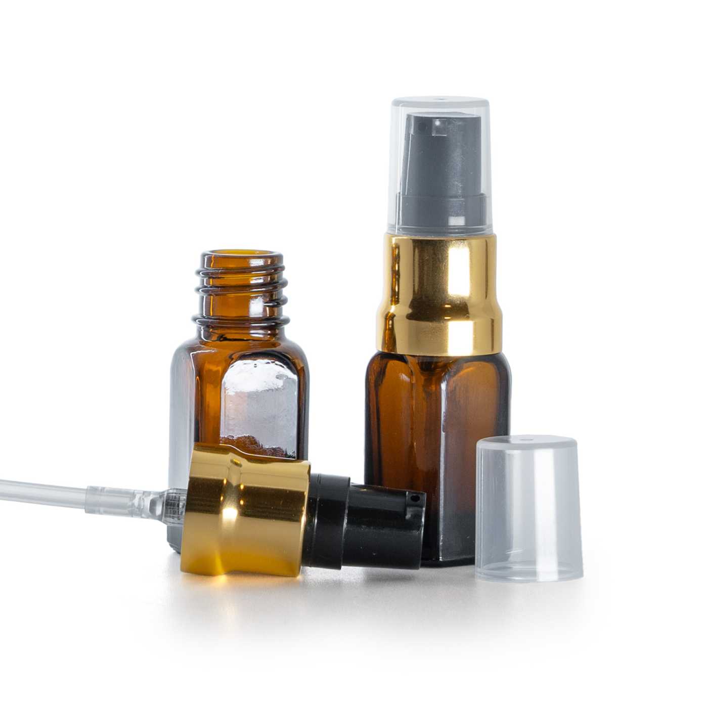 Sklenená liekovka, hranatá rovná, čierno-zlatý lesklý dákovač, priehľadný vrch, 10 ml