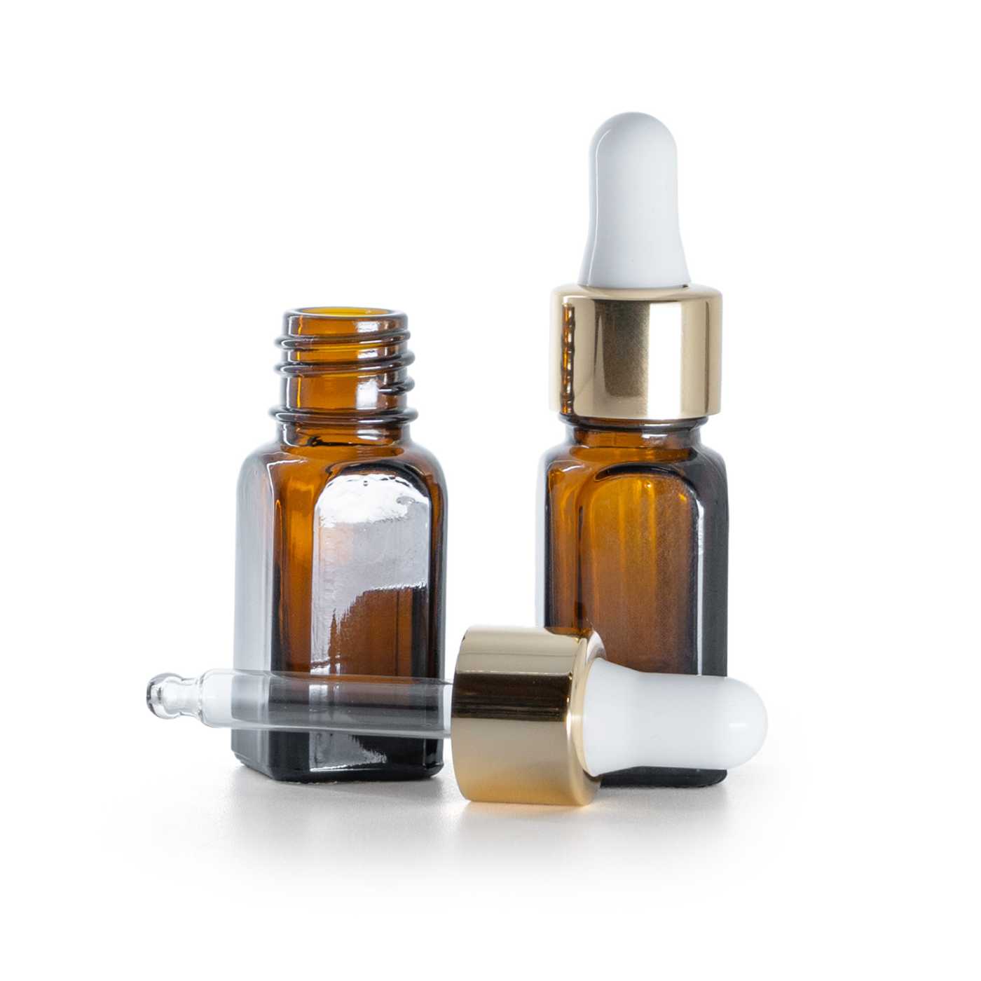 Butelka szklana brązowa prostokątna, biało-złoty kroplomierz, 10 ml