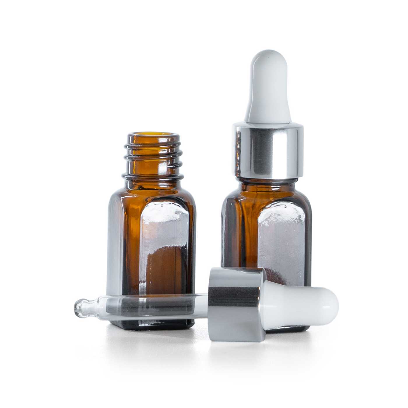 Butelka szklana, kwadratowa prosta, srebrny błyszczący kroplomierz, 10 ml