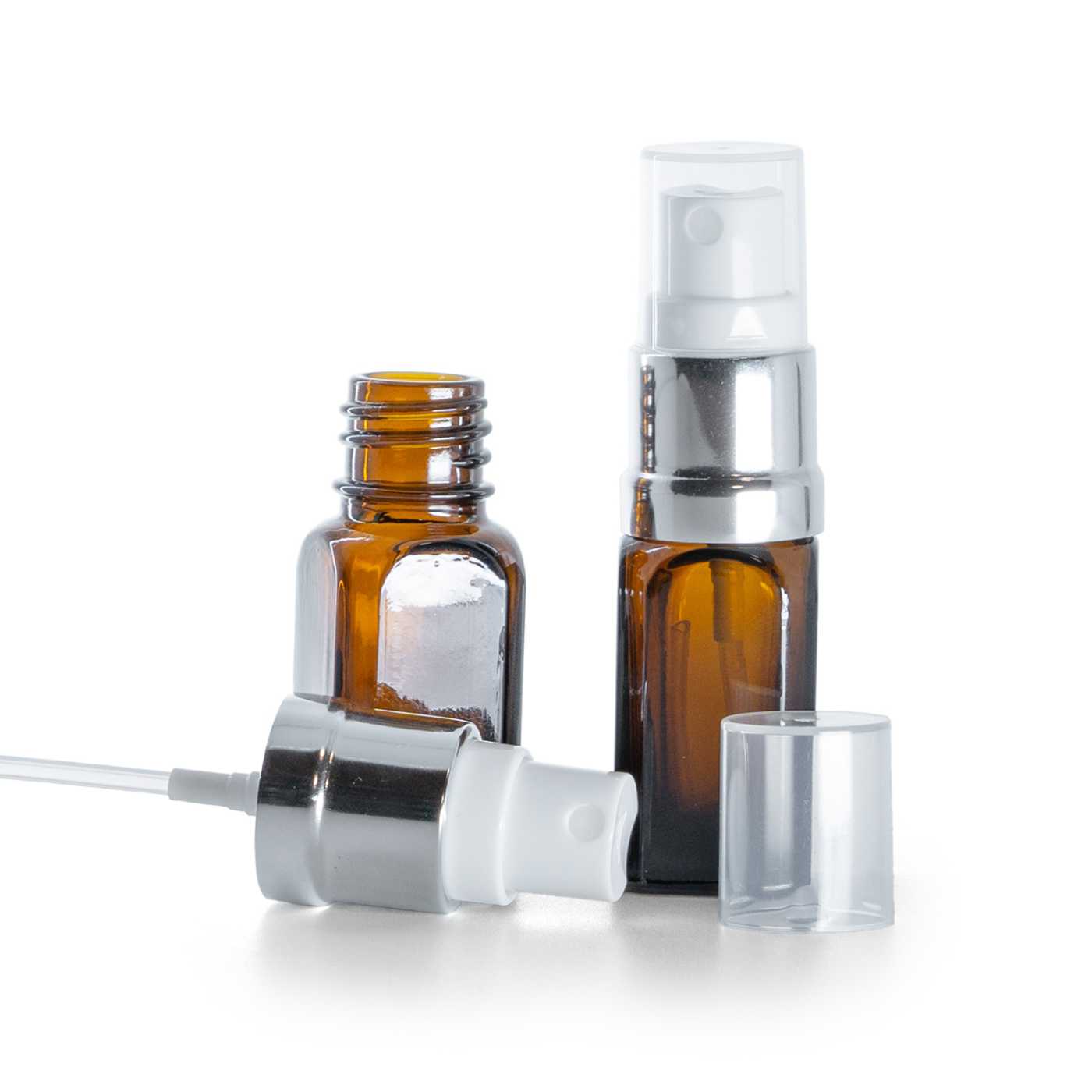 Butelka szklana brązowa prostokątna, błyszczący biało-srebrny atomizer, 10 ml