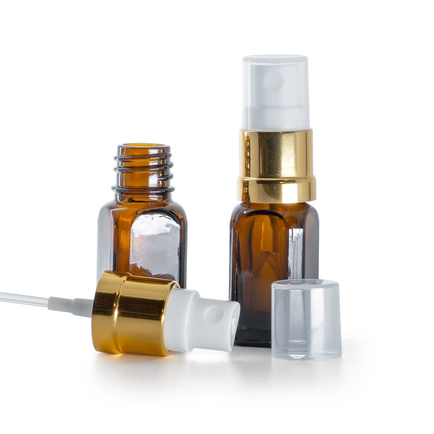 Butelka szklana brązowa prostokątna, błyszczący biało-złoty atomizer, 10 ml