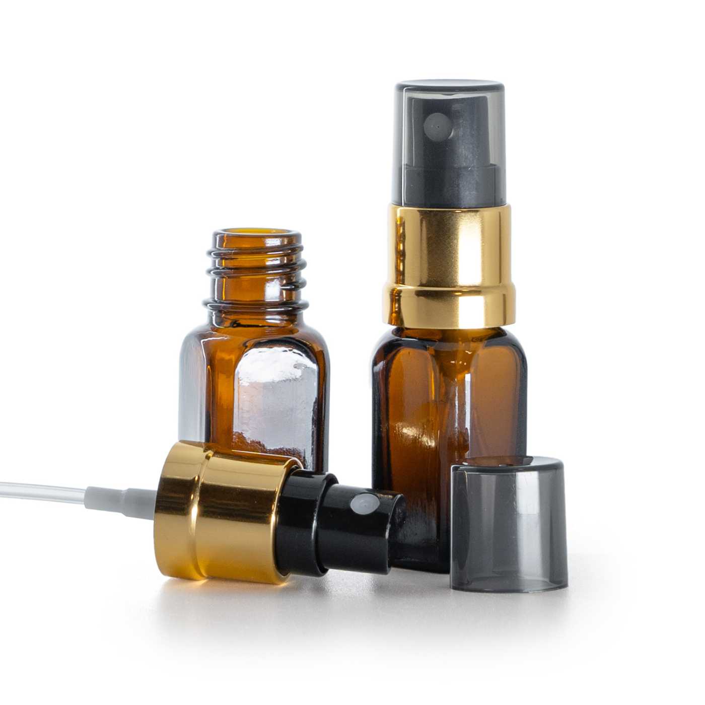 Butelka szklana, kwadratowa prosta, czarno-złoty atomizer, kapturek przydymiony, 10 ml
