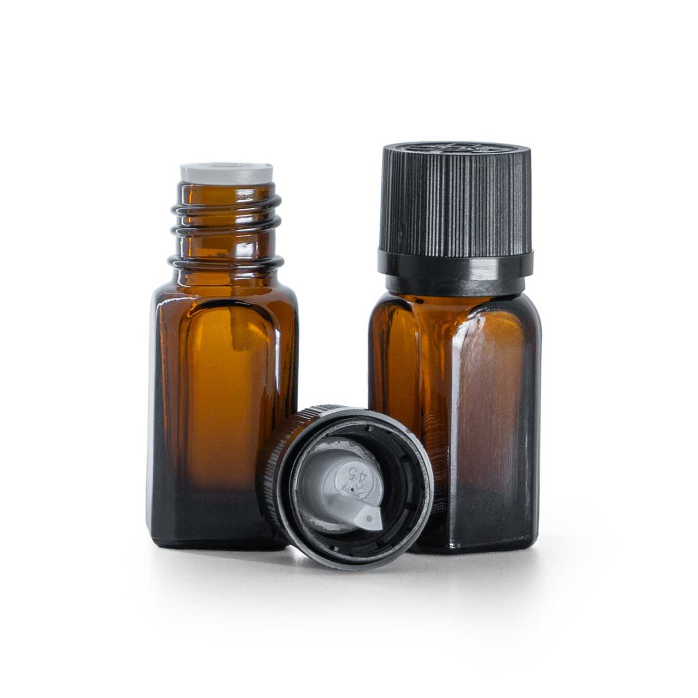 Butelka szklana, kwadratowa prosta, czarna żebrowana nakrętka z zabezpieczeniem, 10 ml
