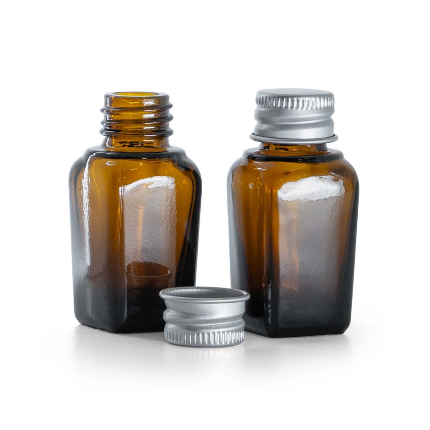 Butelka szklana brązowa kwadratowa, srebrna nakrętka aluminiowa, 10 ml
