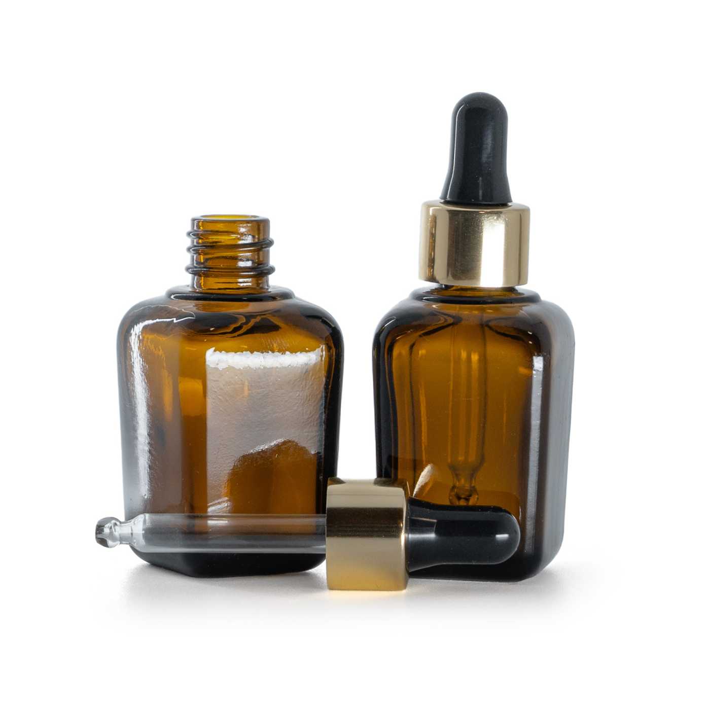 Frasco de vidrio ámbar cuadrado, cuentagotas negro dorado, 30 ml