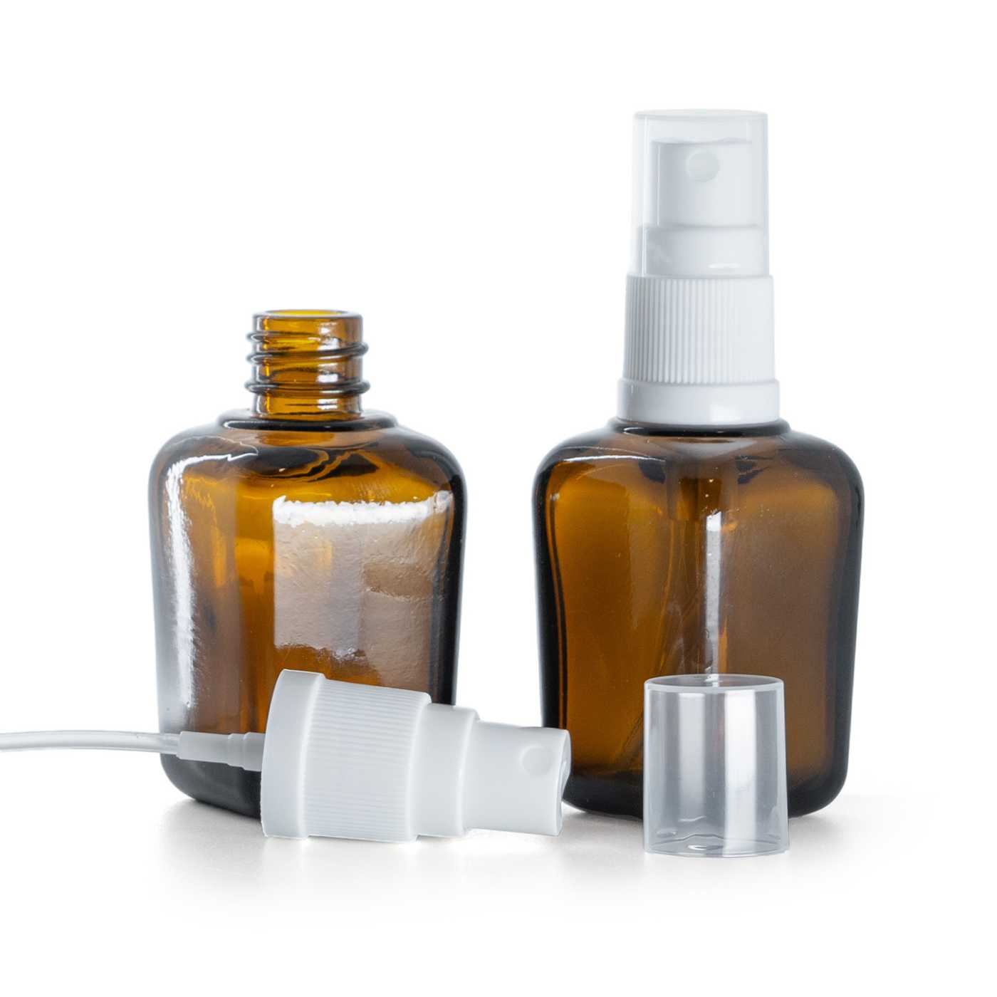 Butelka szklana brązowa kwadratowa, biały atomizer mgiełkowy, 30 ml