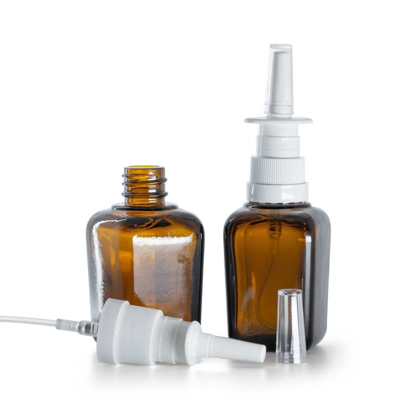 Botella de vidrio ámbar, spray nasal blanco, 30 ml