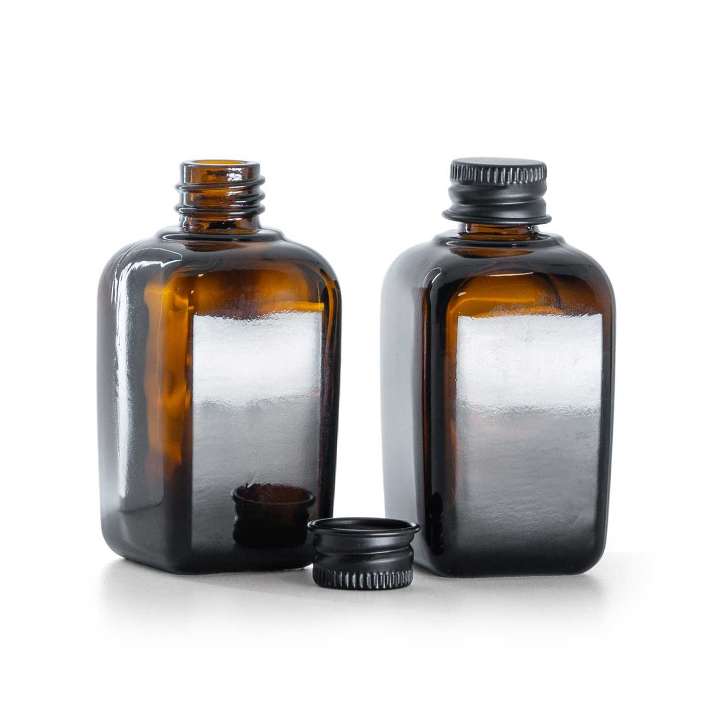 Butelka szklana brązowa kwadratowa, czarna nakrętka aluminiowa, 45 ml