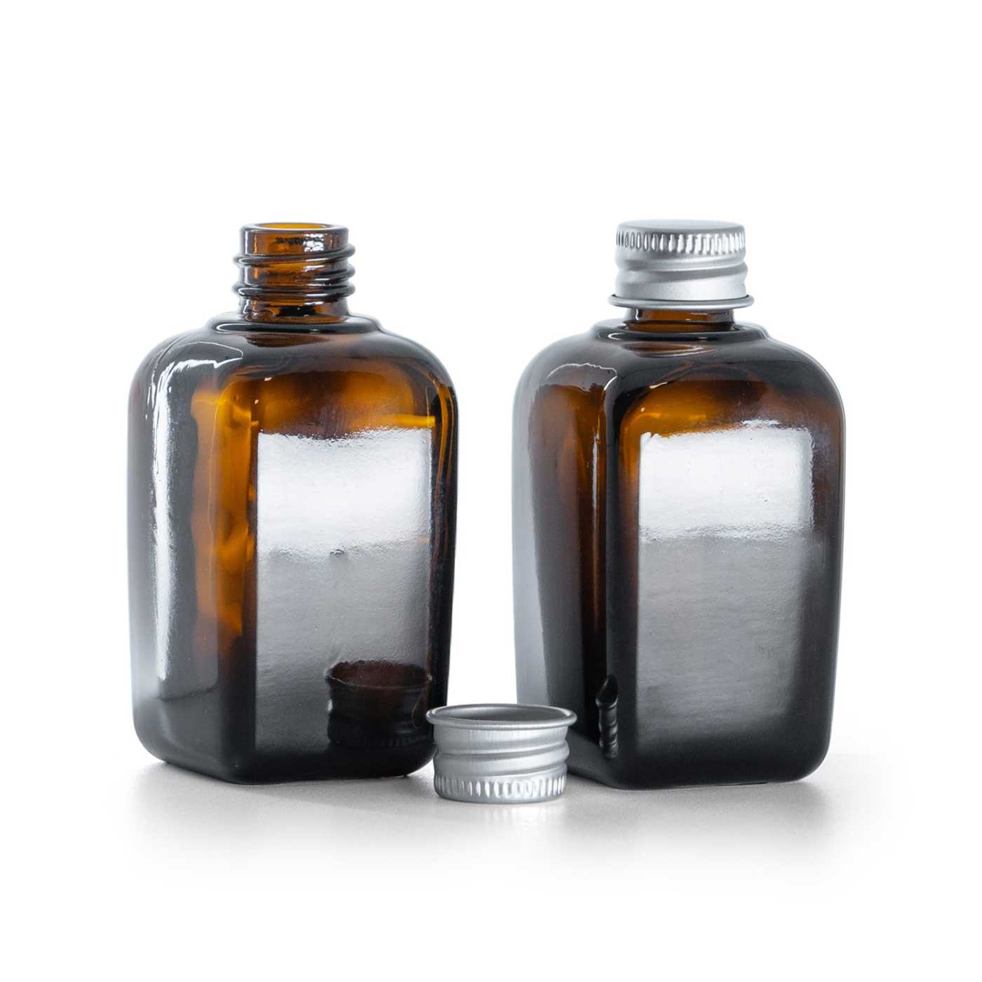 Butelka szklana kwadratowa, srebrna nakrętka aluminiowa, 45 ml