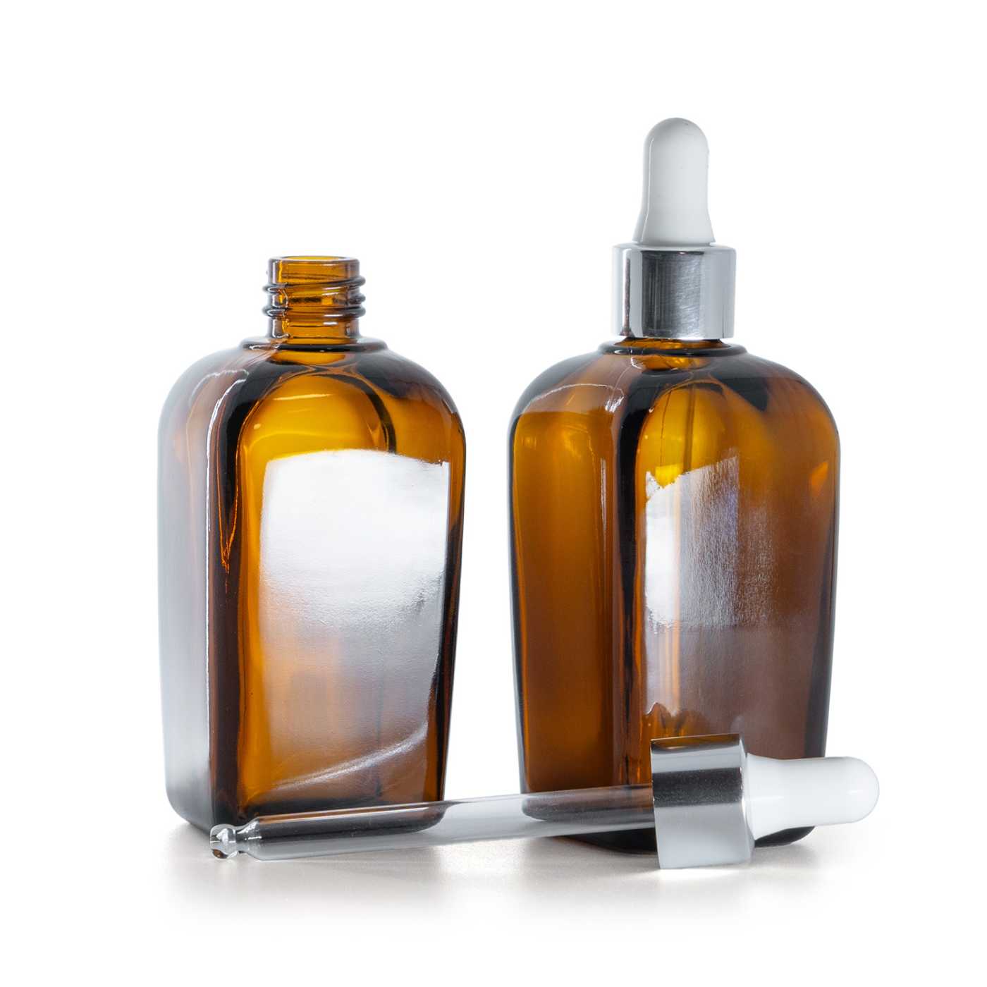 Sklenená fľaška hranatá, strieborné lesklé kvapátko, 90 ml