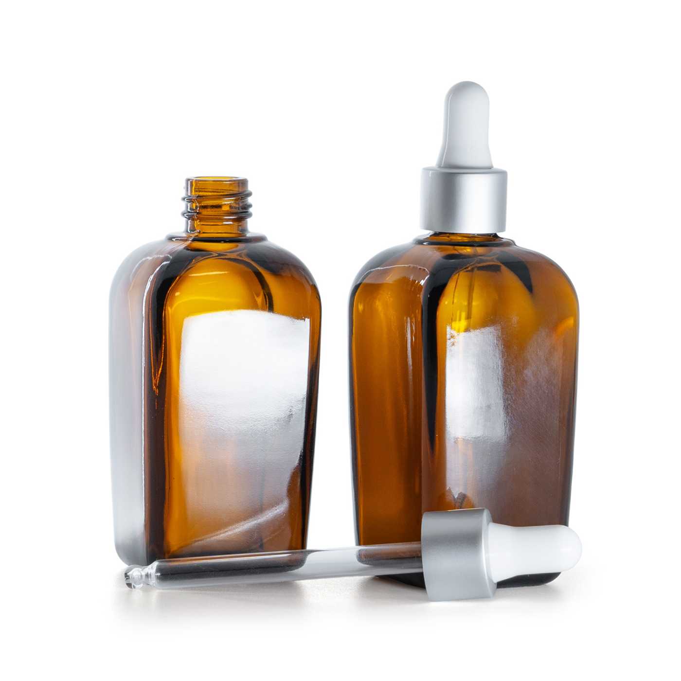 Szklana butelka kwadratowa brązowa, srebrny matowy kroplomierz, 90 ml