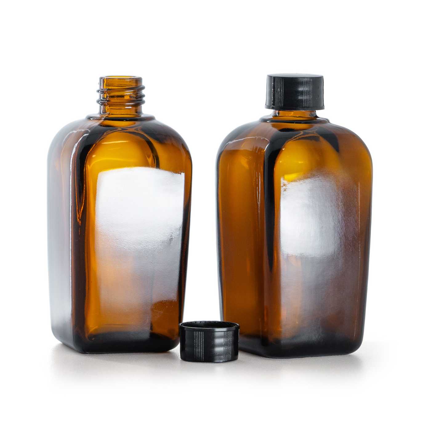 Butelka szklana brązowa kwadratowa, czarna nakrętka, 90 ml