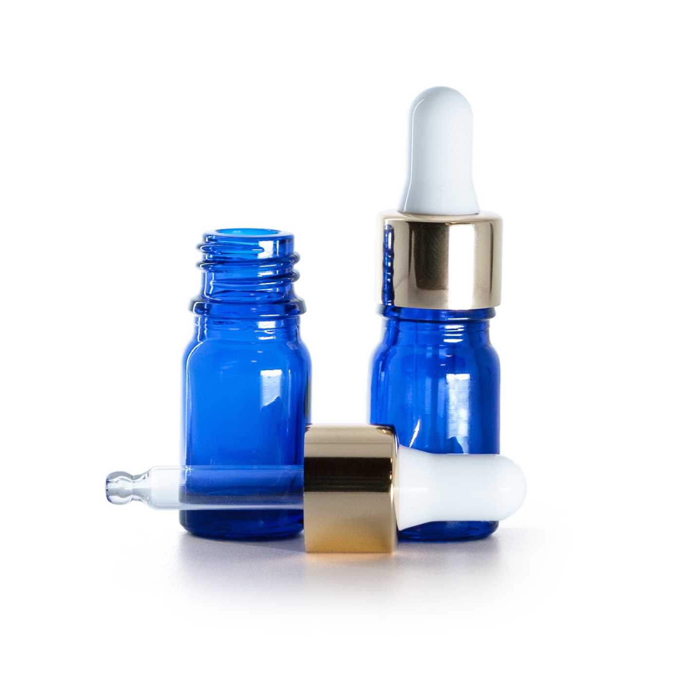 Sklenená fľaška, liekovka modrá, bielo-zlaté kvapátko, 5 ml