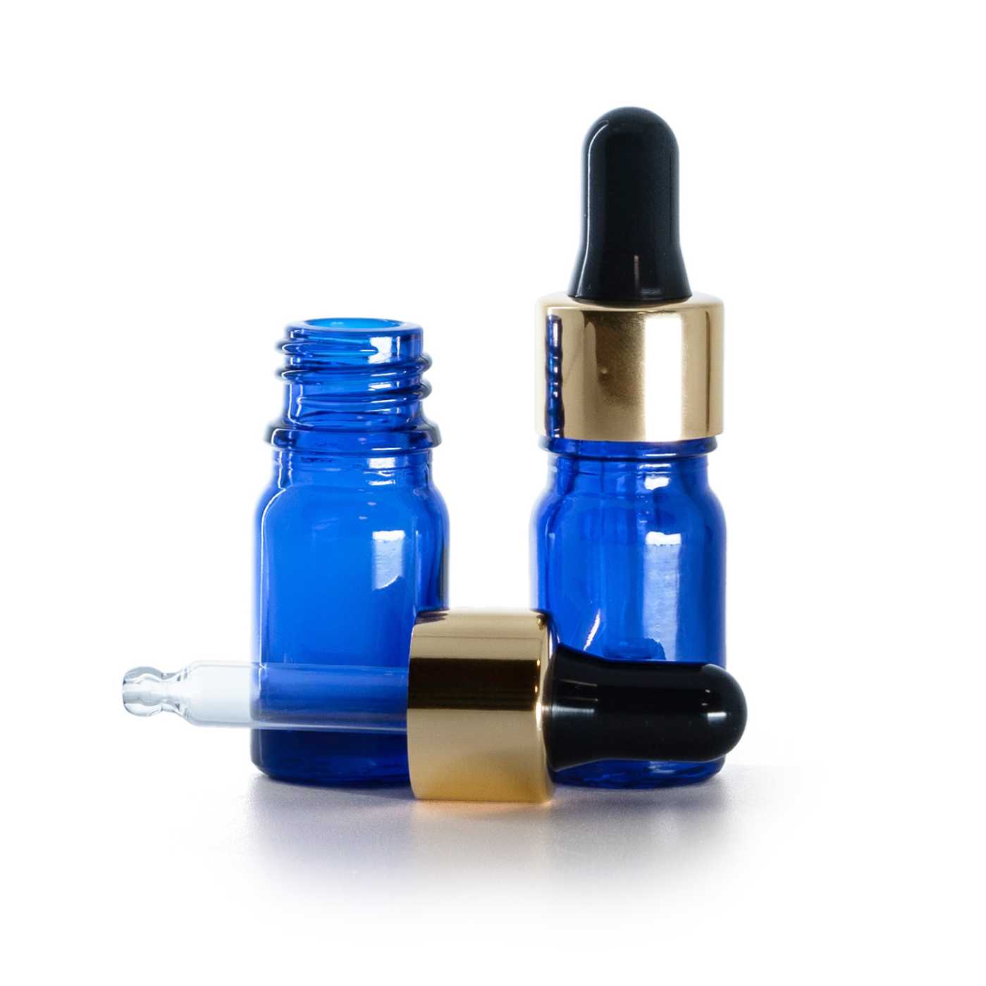 Blaue Glasflasche mit schwarz-goldener Pipette 5 ml