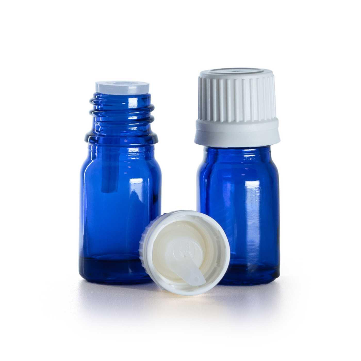 Buteleczka szklana niebieska, biała nakrętka z kroplomierzem, 5 ml