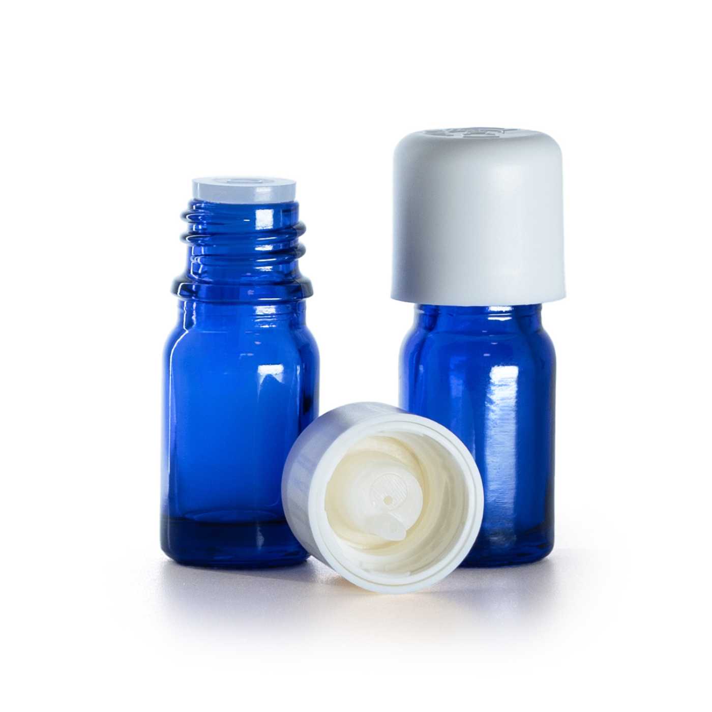 Blaue Glasflasche mit kindersicherem weißem Verschluss, 5 ml