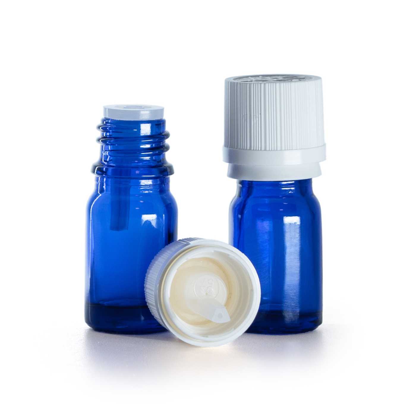 Blaue Glasflasche mit weißer Originalitätsverschraubung, 5 ml