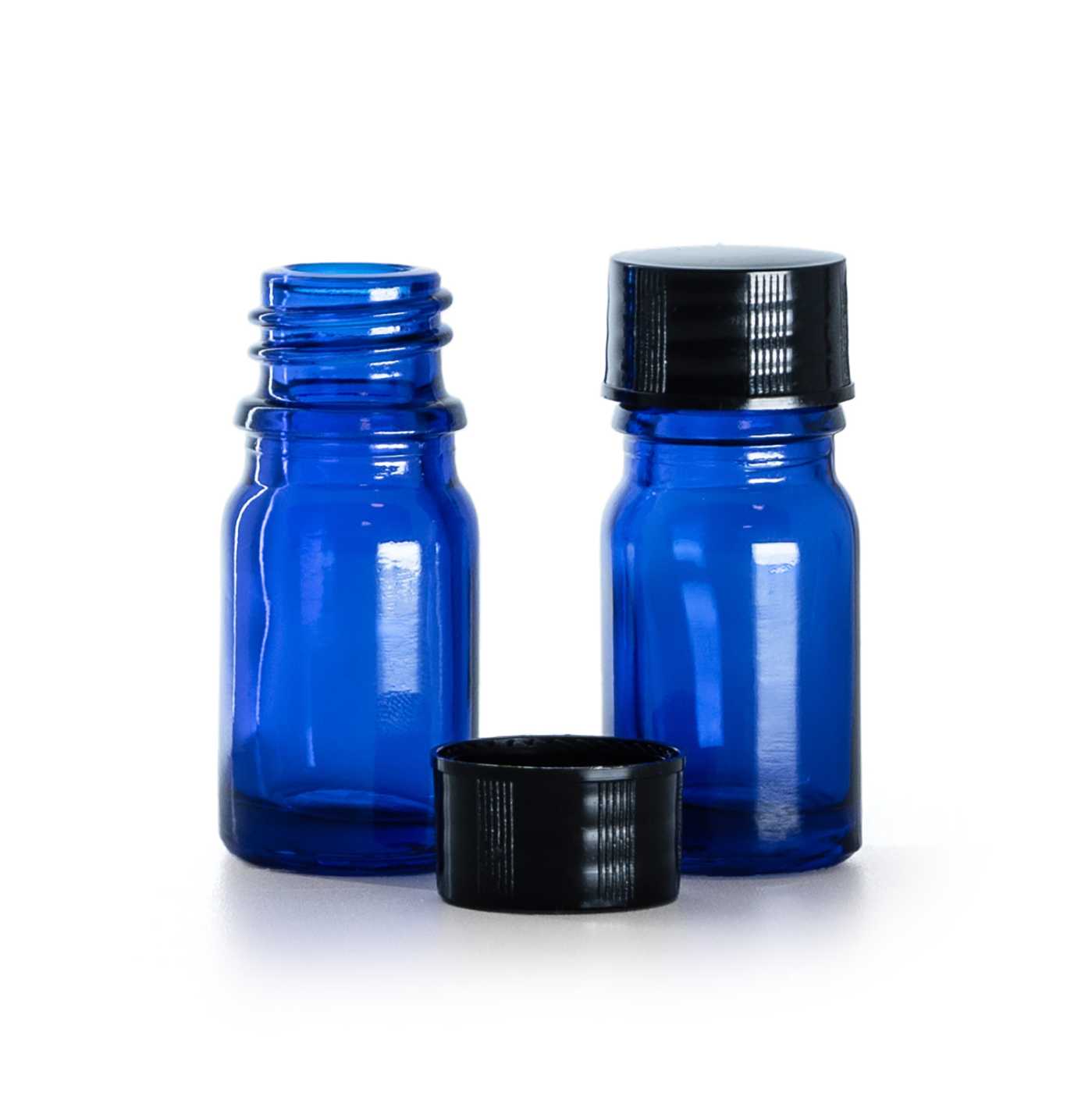 Blaue Glasflasche mit schwarzem Verschluss 5 ml